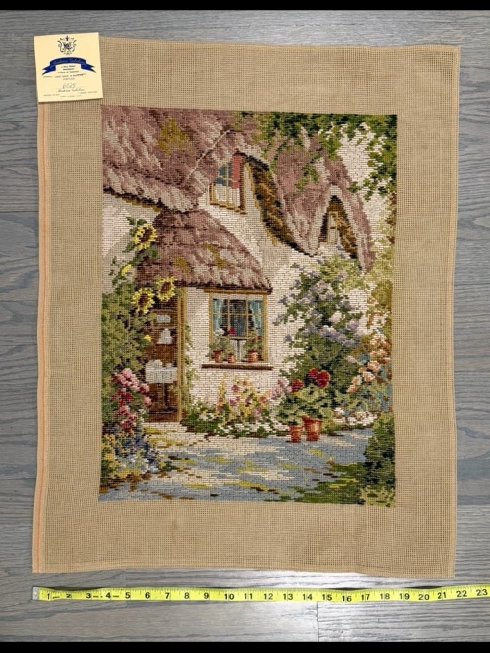 Vintage Needlepoint Gobelin Cottagecore Cottage Garden Tapestry #6025 complete